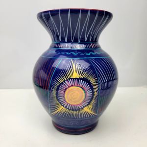Mexican Folk Art Redware Vase Hand Painted Glazed Terra Cotta Pottery Blue 7”